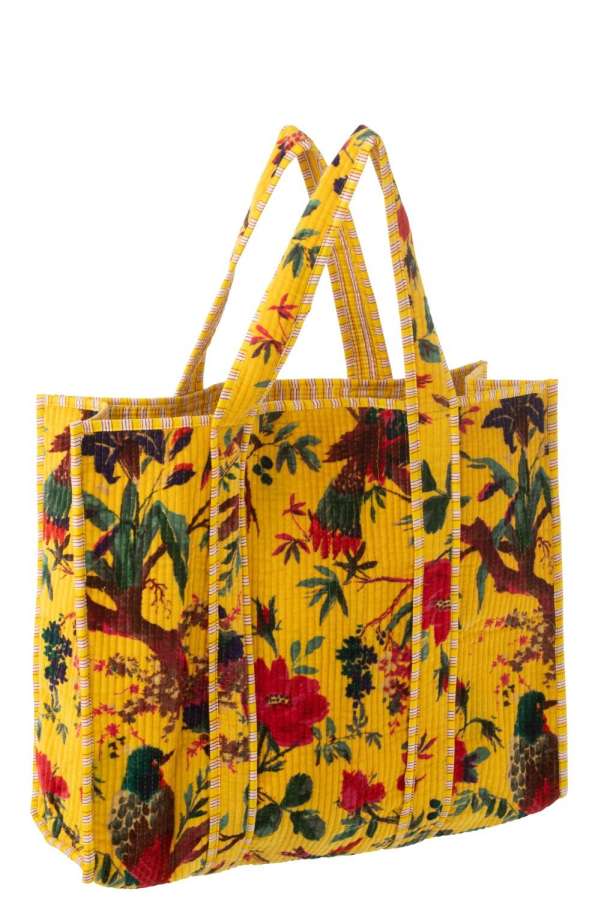 TOTE BAG BIRDS/FLOWERS COTTON VELVET YELLOW