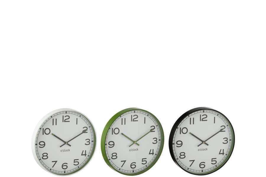 WALL CLOCK ROUND PLASTIC GREEN/WHITE/BLACK SMALL ASSORTMENT OF 3
