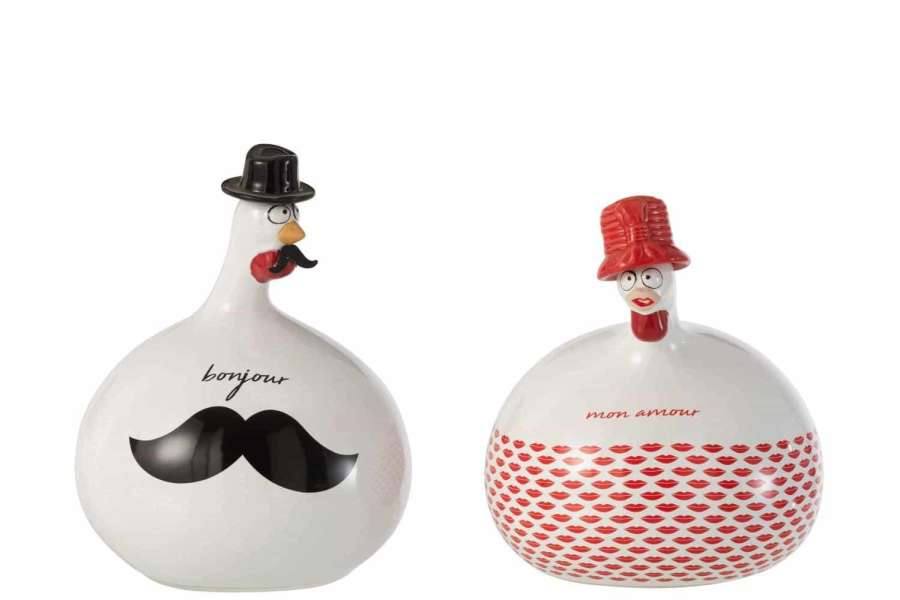 CHICKEN BONJOUR/MON AMOUR CERAMIC WHITE/RED/BLACK LARGE ASSORTMENT OF 2