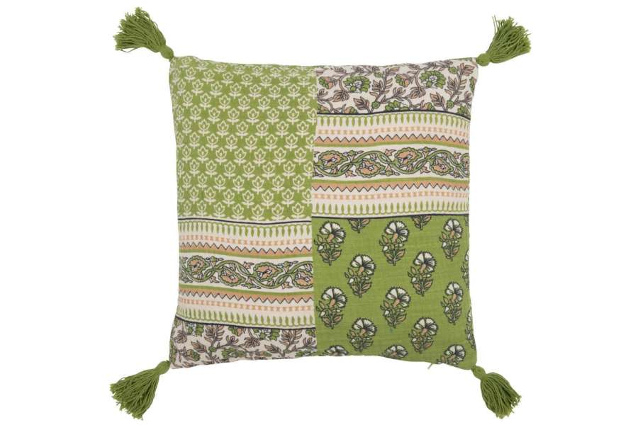 CUSHION FLOWERS+TASSELS COTTON GREEN