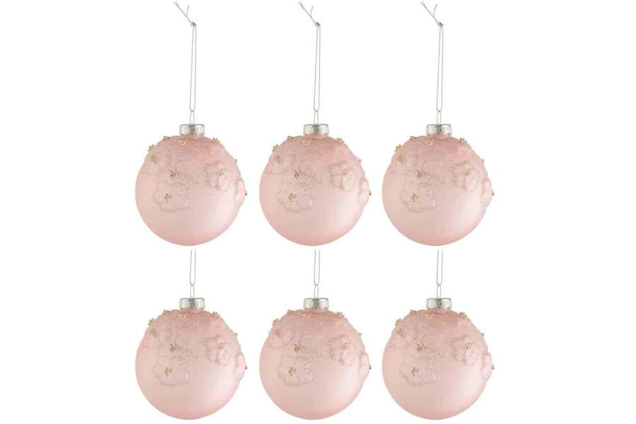 BOX OF 6 CHRISTMAS BAUBLES FLOWERS GLASS MATTE OPAL LIGHT PINK SMALL