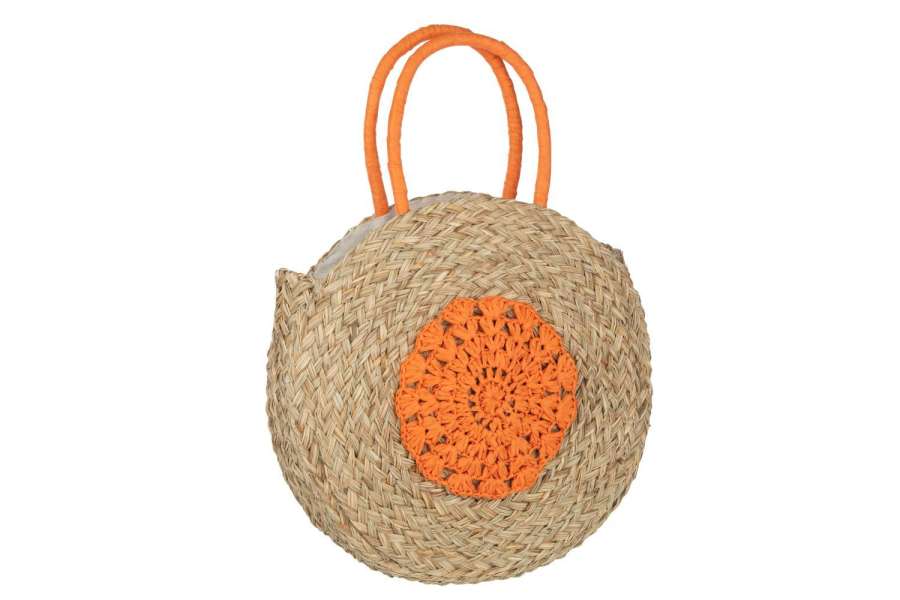 BEACH BAG ROUND FLOWER SEAGRASS NATURAL/ORANGE