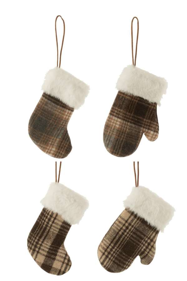 HANGER GLOVE/STOCKING CHECKERED TEXTILE BROWN/BEIGE ASSORTMENT OF 4