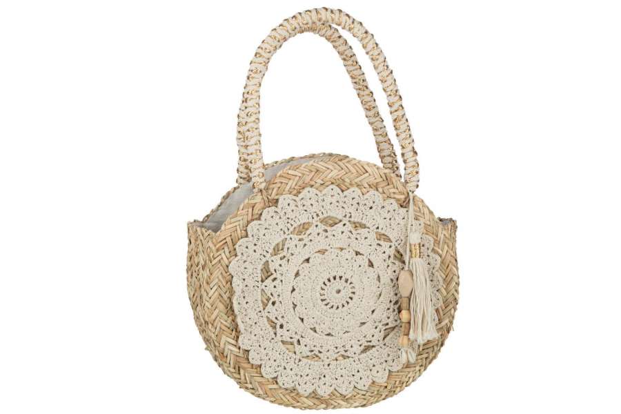 BEACH BAG ROUND+TASSEL/WOODEN BEADS SEAGRASS/LACE NATURAL/WHITE