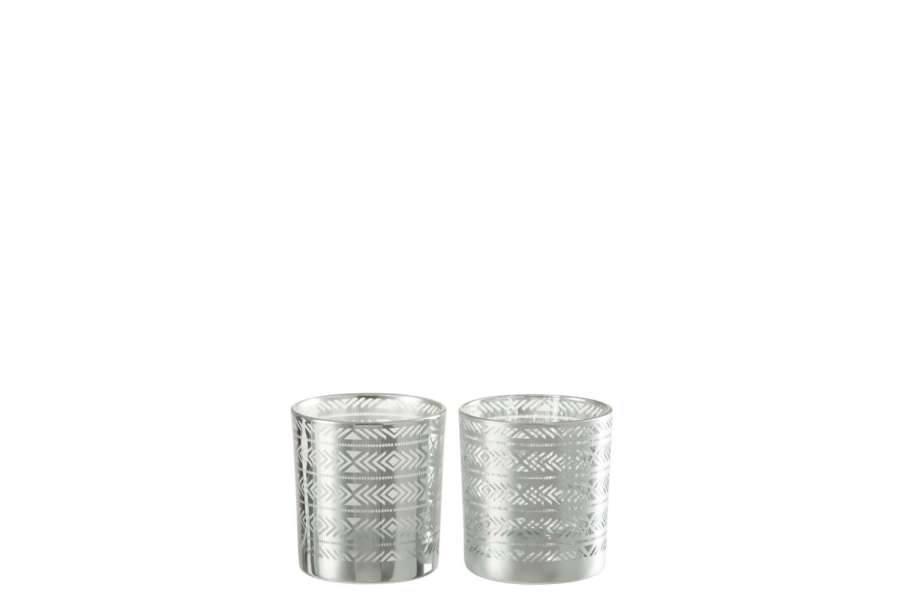 TEALIGHT HOLDER ETNIC GLASS SILVER ASSORTMENT OF 2