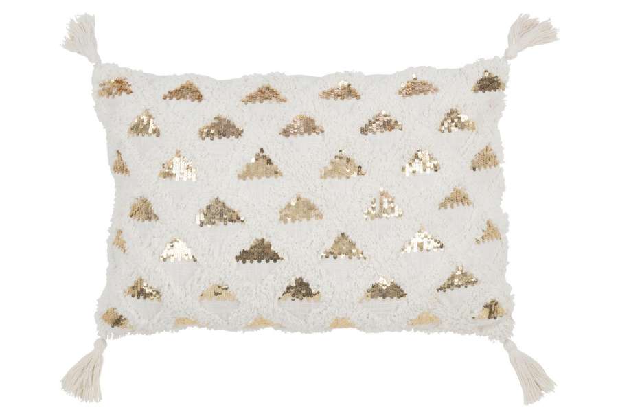 CUSHION TUFTED TASSELS COTTON/SEQUIN WHITE/GOLD