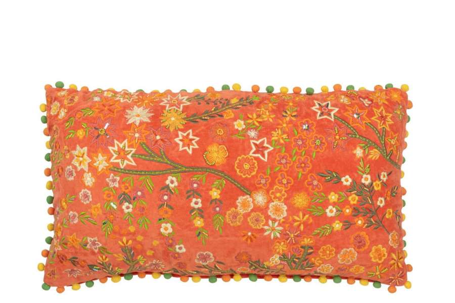 CUSHION RECTANGLE FLOWERS+POMPOMS VELVET ORANGE
