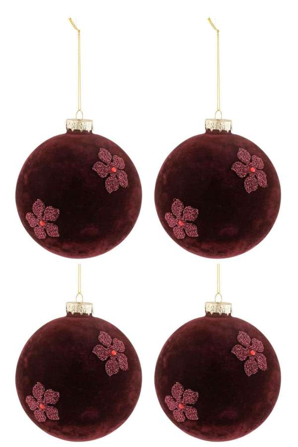 BOX OF 4 CHRISTMAS BAUBLES FLOWERS VELVET GLASS BURGUNDY LARGE