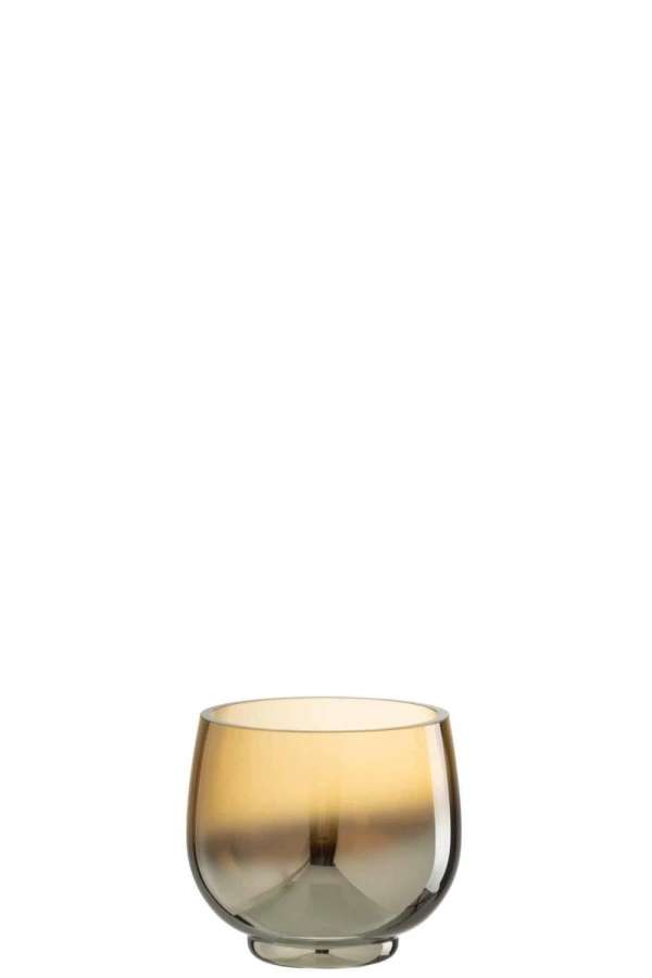 TEALIGHT HOLDER ROUND GLASS SMOKE YELLOW/SILVER SMALL