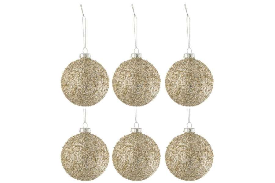 BOX OF 6 CHRISTMAS BAUBLES GLITTERS GLASS GOLD MIX
