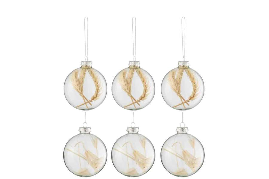 BOX OF 6 CHRISTMAS BAUBLES 3+3 DRIED BRANCHES BEIGE GLASS TRANSPARENT SMALL