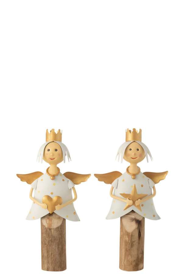 ANGEL STAR HEART ON STAND IRON/WOOD WHITE/GOLD ASSORTMENT OF 2