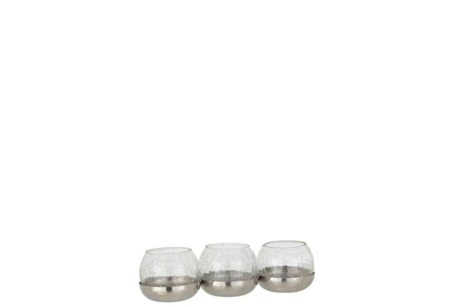 TEALIGHT HOLDER 3 BALL CRAQUELURE GLASS/STAINLESS STEEL SILVER