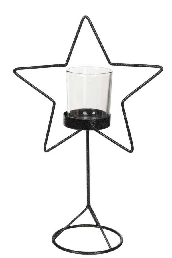 TEALIGHT HOLDER STAR GLITTER METAL BLACK SMALL