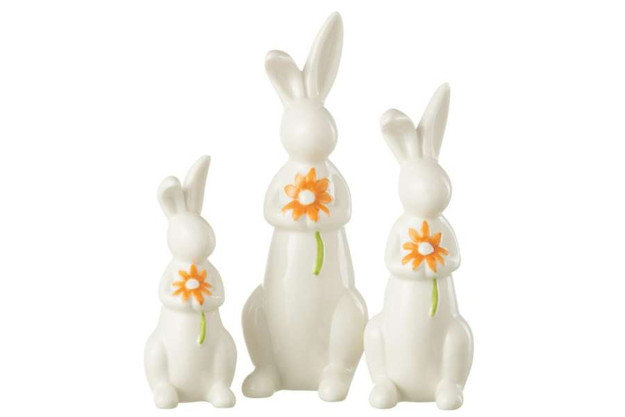 SET OF 3 RABBITS FLOWERS PORCELAIN ORANGE/WHITE