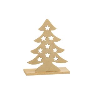 TEALIGHT HOLDER CHRISTMAS TREE ALUMINIUM/WOOD NATURAL/GOLD LARGE
