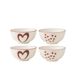 BOX OF 4 BOWLS HEARTS PORCELAIN WHITE/RED SMALL ASSORTMENT OF 2