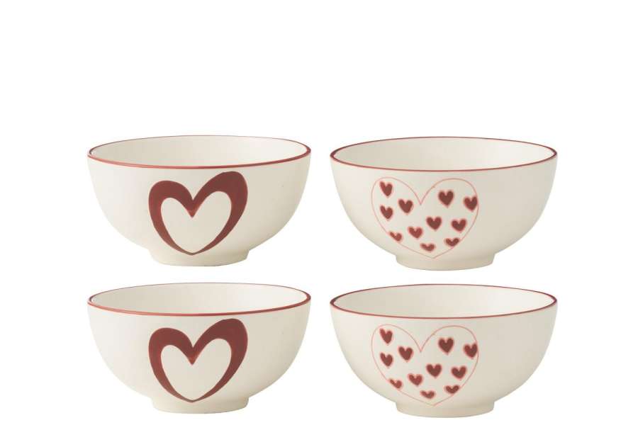 BOX OF 4 BOWLS HEARTS PORCELAIN WHITE/RED SMALL ASSORTMENT OF 2