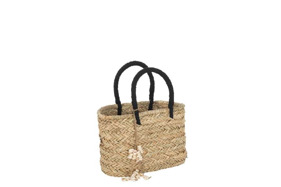 BEACH BAG WITH SHELLS BLACK HANDLES JUTE NATURAL/BLACK SMALL