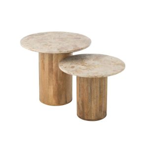 SET OF 2 SIDE TABLE ROUND MARBLE BEIGE/BROWN