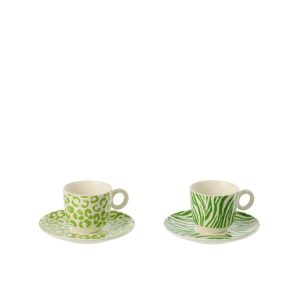 BOX OF 2 COFFEE CUP  +  SAUCER LEOPARD + ZEBRA PORCELAIN GREEN/WHITE SMALL