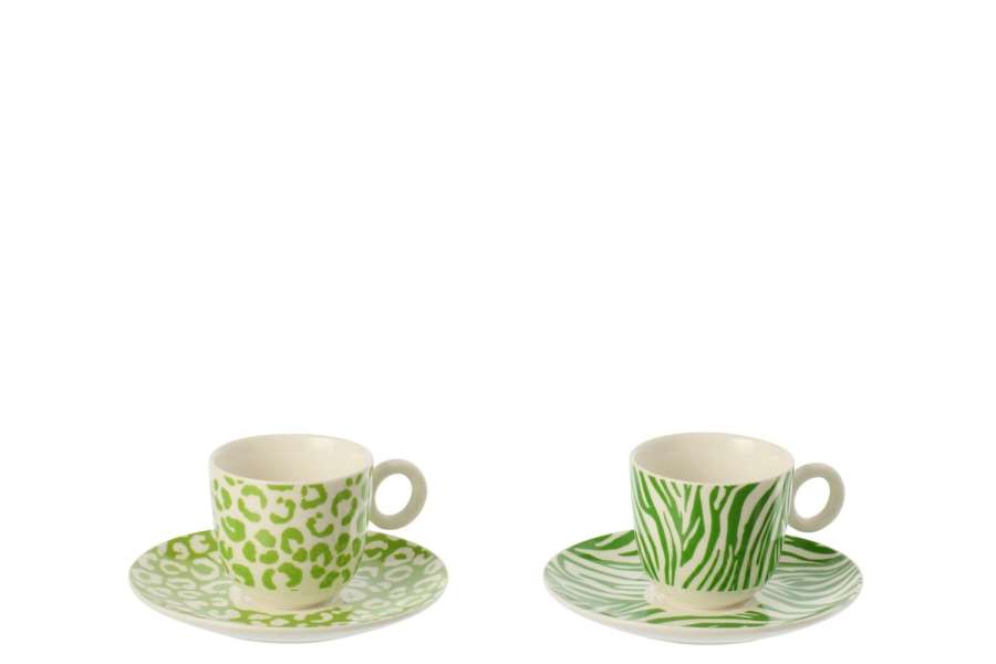 BOX OF 2 COFFEE CUP  +  SAUCER LEOPARD + ZEBRA PORCELAIN GREEN/WHITE SMALL