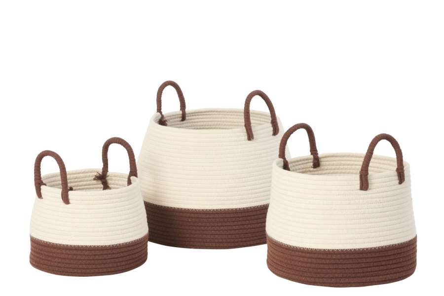 SET OF 3 BASKET WITH HANDLE ROUND POLYESTER DARK BROWN/WHITE