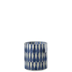 CANDLE HOLDER GLASS BLUE/WHITE MEDIUM
