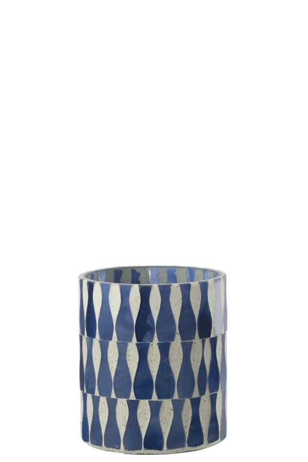 CANDLE HOLDER GLASS BLUE/WHITE MEDIUM