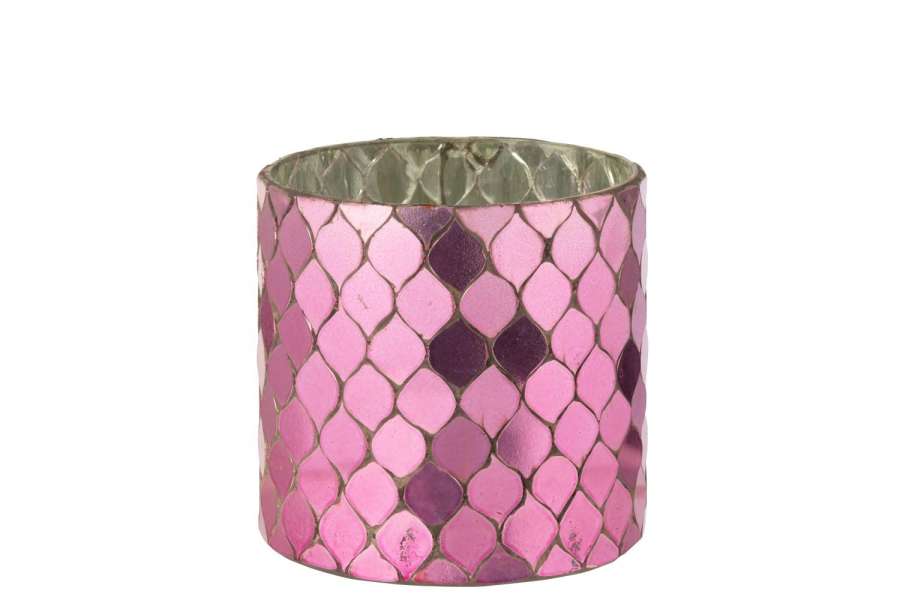 CANDLE HOLDER CYLINDER MOSAIC GLASS FUCHSIA