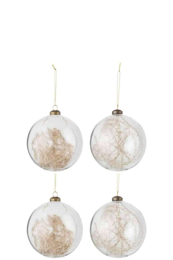 BOX OF 4 CHRISTMAS BAUBLES ROUND ORB 2+2 DRIED PAMPAS GLASS TRANSPARENT LARGE