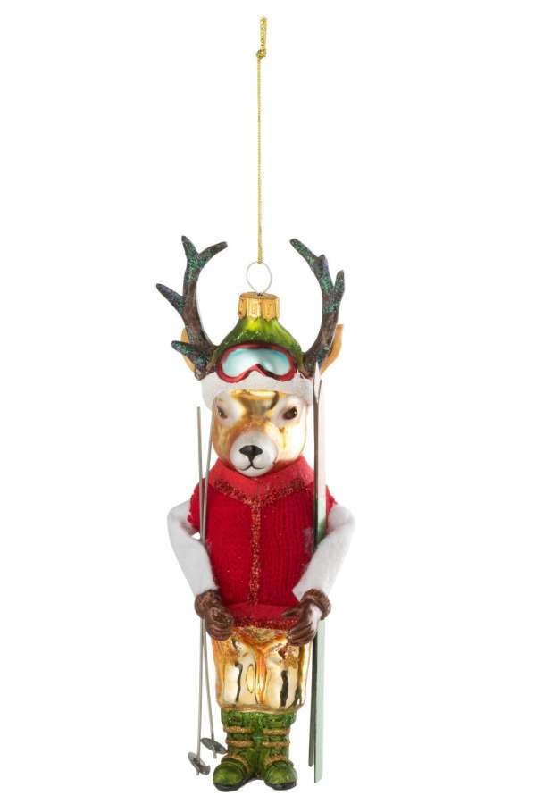 HANGER REINDEER WITH SKIS GLASS BROWN/CHRISTMAS RED