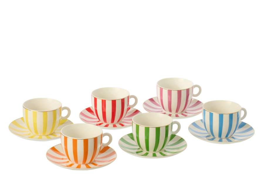 BOX OF 6 COFFEE CUP  +  SAUCER PORCELAIN MULTI LARGE
