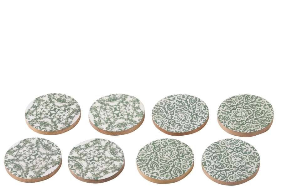 SET OF 8 COASTER MANGO WOOD GREEN/WHITE