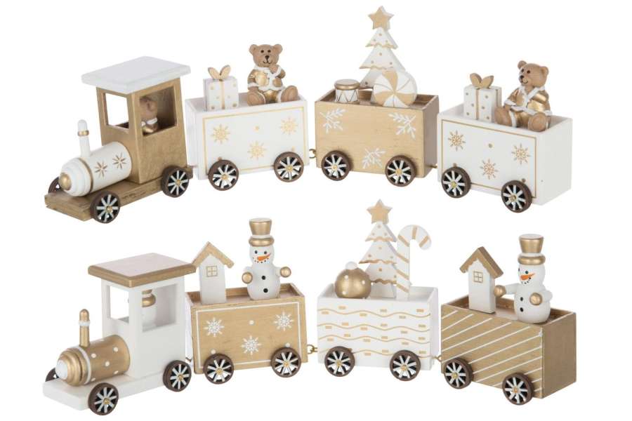 TRAIN BEAR + SNOWMAN PLYWOOD WHITE/GOLD COLORED ASSORTMENT OF 2