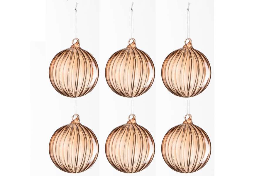 BOX OF 6 CHRISTMAS BAUBLE RIBBED GLASS BROWN LIGHT SMALL
