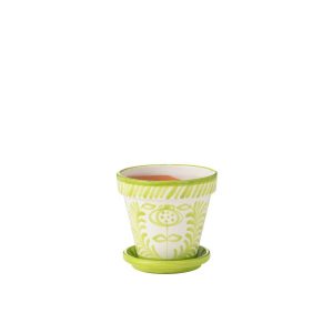 FLOWERPOT+PLATE GRANADA HANDMADE/HANDPAINTED CERAMIC GREEN/WHITE MEDIUM