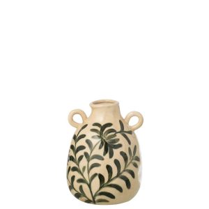 VASE LEAF STONEWARE DARK GREEN/OFF-WHITE LARGE
