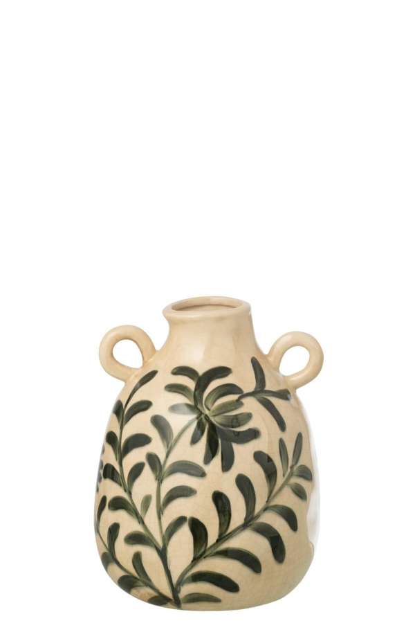 VASE LEAF STONEWARE DARK GREEN/OFF-WHITE LARGE