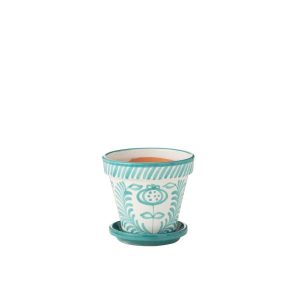 FLOWERPOT+PLATE GRANADA HANDMADE/HANDPAINTED CERAMIC AQUA/WHITE MEDIUM