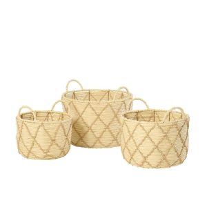 SET OF 3 BASKET WITH HANDLE ROUND CHECKERED PAPER NATURAL/BEIGE