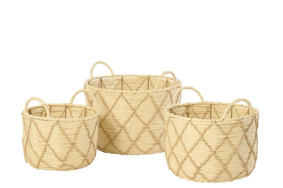 SET OF 3 BASKET WITH HANDLE ROUND CHECKERED PAPER NATURAL/BEIGE