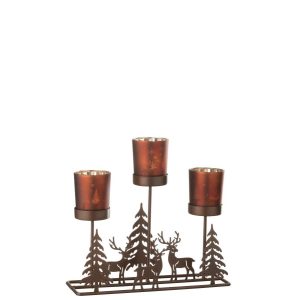 TEALIGHT HOLDER WINTER 3 GLASSES IRON RUST BROWN/BROWN