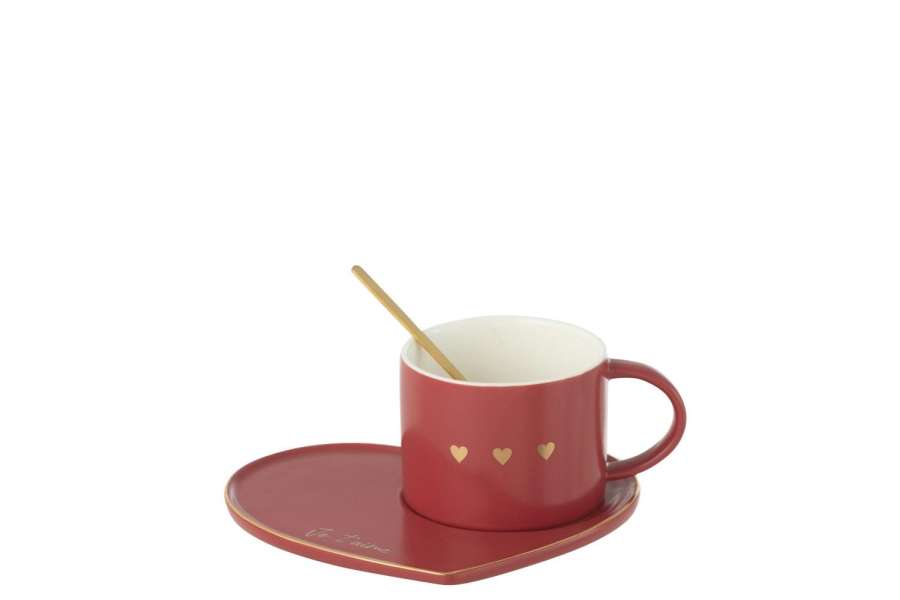 MUG+SAUCER+SPOON 3HEART CERAMIC RED