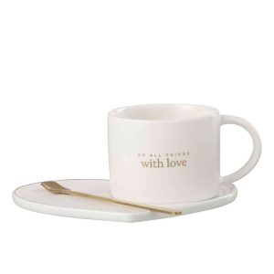 MUG + DISH + SPOON HEART PORCELAIN ENGLISH WHITE