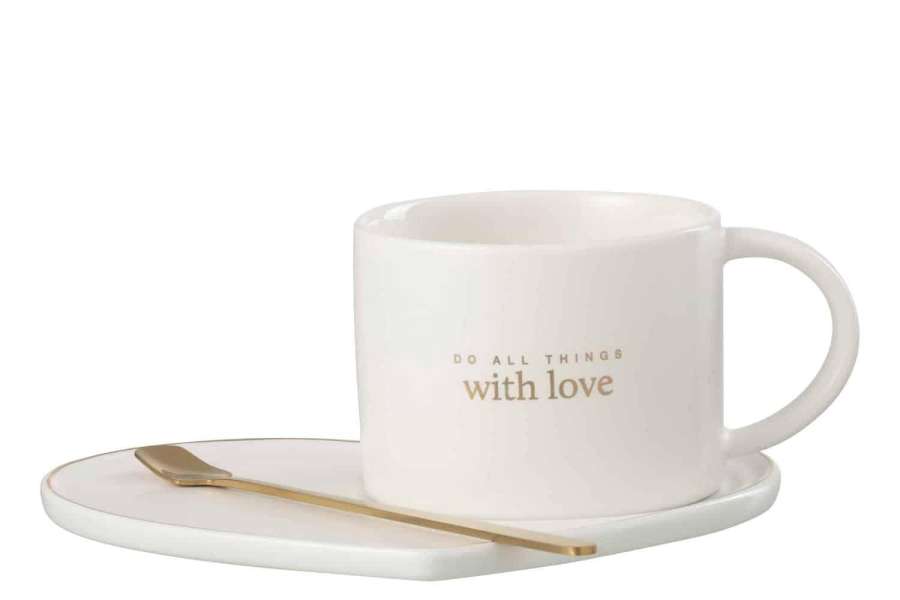 MUG + DISH + SPOON HEART PORCELAIN ENGLISH WHITE