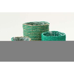 SET OF 3 FLOWERPOT STRIPED RAFFIA DARK GREEN/NATURAL
