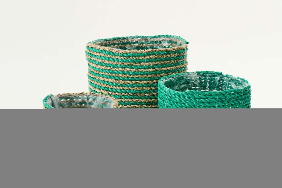 SET OF 3 FLOWERPOT STRIPED RAFFIA DARK GREEN/NATURAL