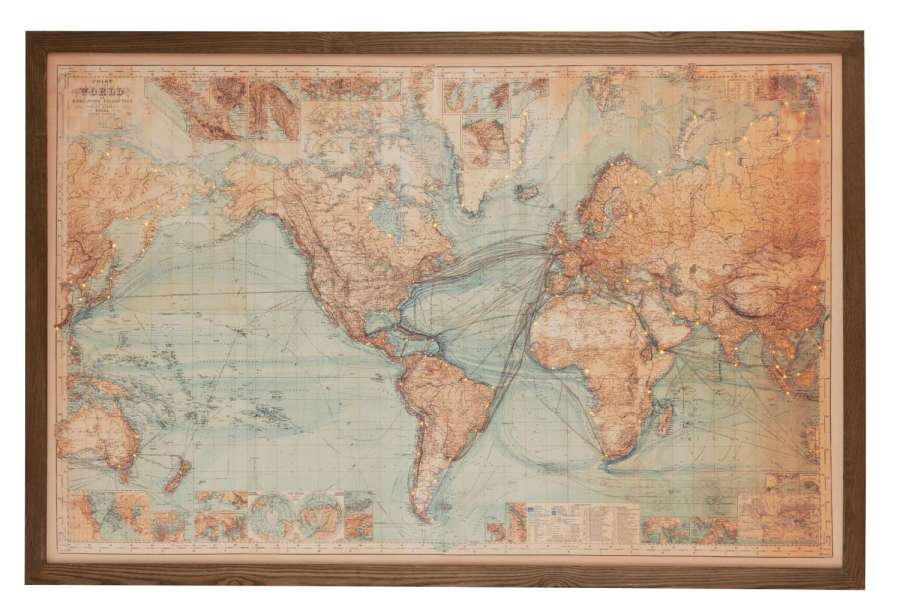 FRAME LED BATTERIES MAP WORLD WOOD/CANVAS BROWN/NATURAL