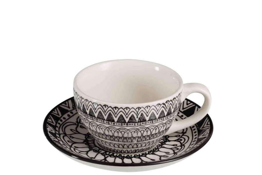 COFFEE MUG+SAUCER MONOCHROME BOHO CERAMIC BLACK/WHITE